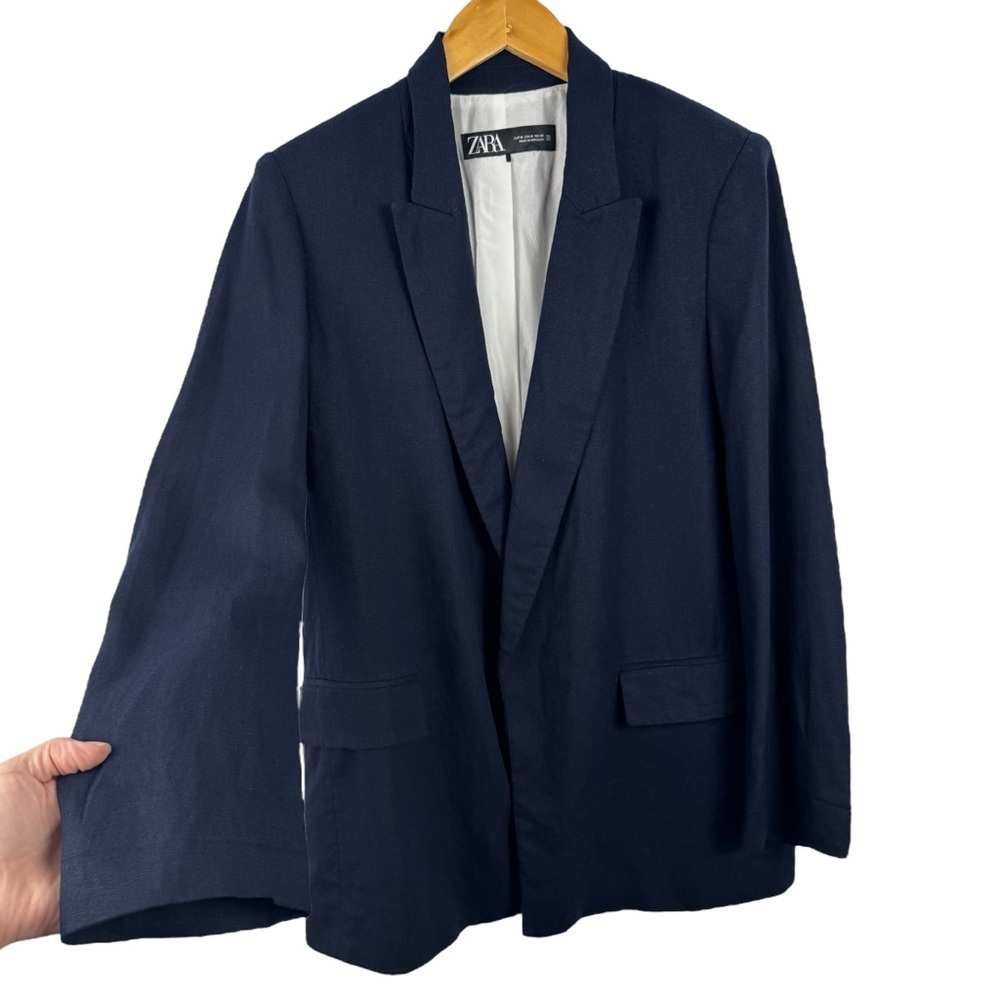 Zara Navy Blue Linen Blend Open Front Blazer Jacket Size Medium Striped Lining - Picture 6 of 16